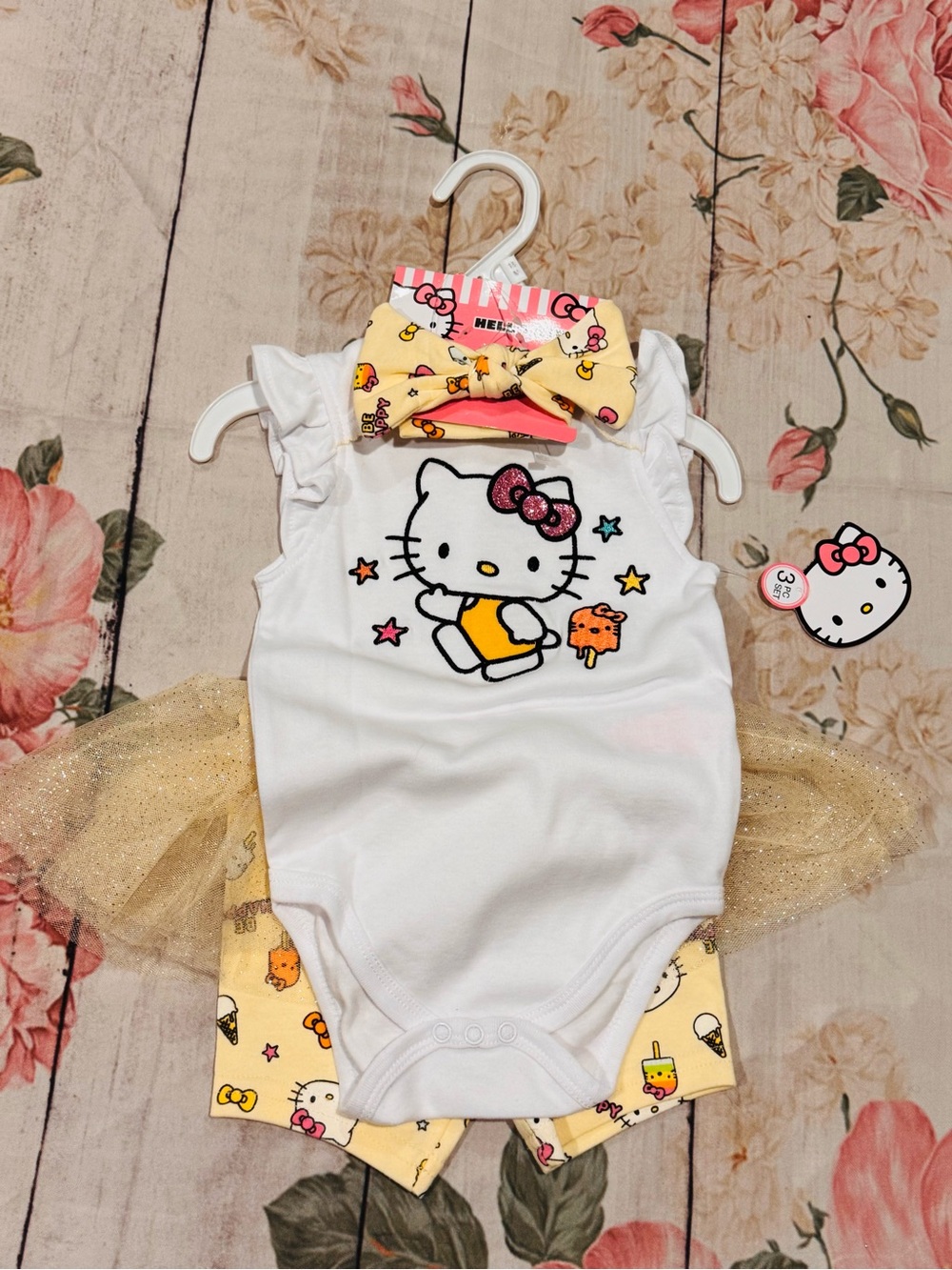 Hello Kitty Baby Girl Set Yellow Ice Cream Tutu Skirt, Shorts, Bow 18 Months NWT
